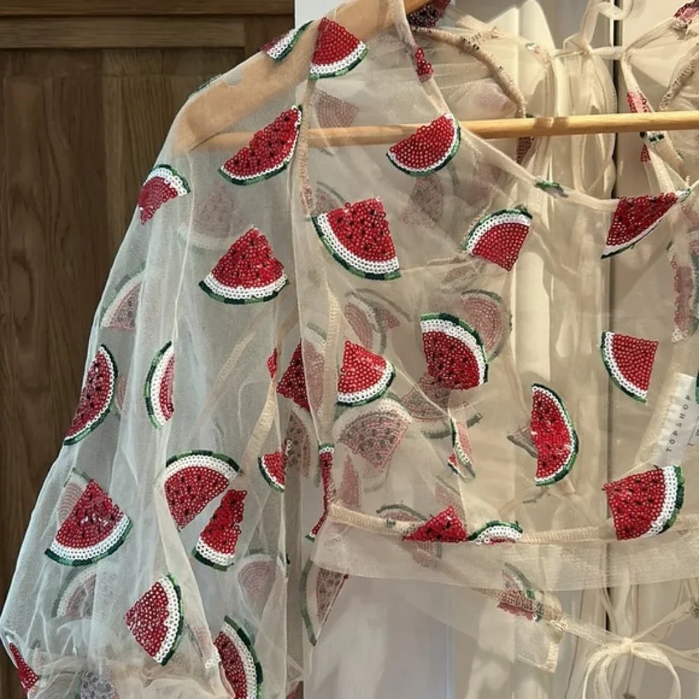 TOPSHOP women’s watermelon print sequins sheer top US 4 - Picture 5 of 9